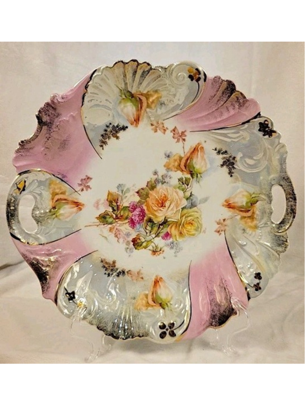 Antique T.L. Bavaria Theodor Lehmann 10.5” Floral Handled Serving Bowl